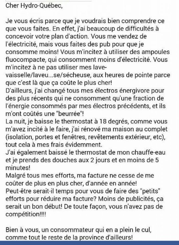 Cette lettre à HydroQuébec...  La Clique du Plateau